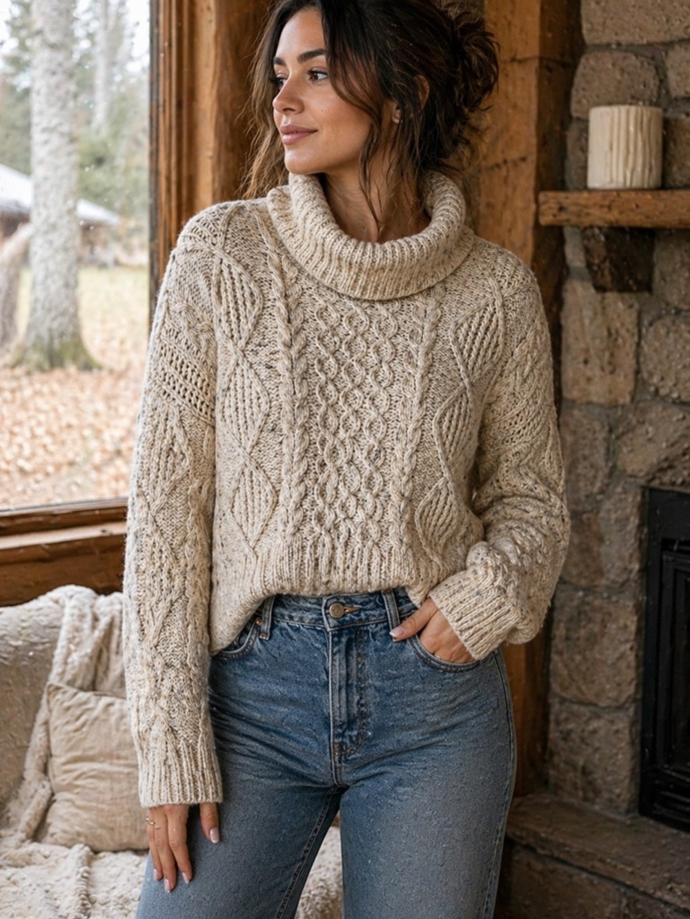 NSF Cropped Cable Knit Turtleneck Sweater Wool Blend Cozy Chic